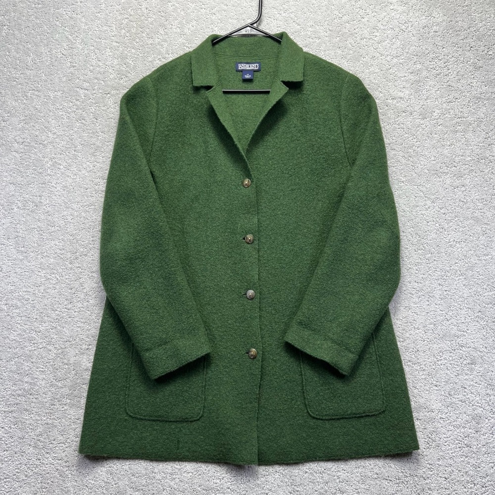 Lands End Cardigan Coat Womens 14 Forest Green Boiled Wool Button Front Jacket